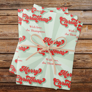 Merry Christmas Red Green Whimsical Retro Custom  Wrapping Paper Sheet