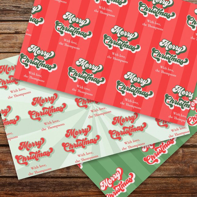Merry Christmas Red Green Whimsical Retro Custom  Wrapping Paper Sheet (Merry Christmas retro style typography Wrapping paper set)