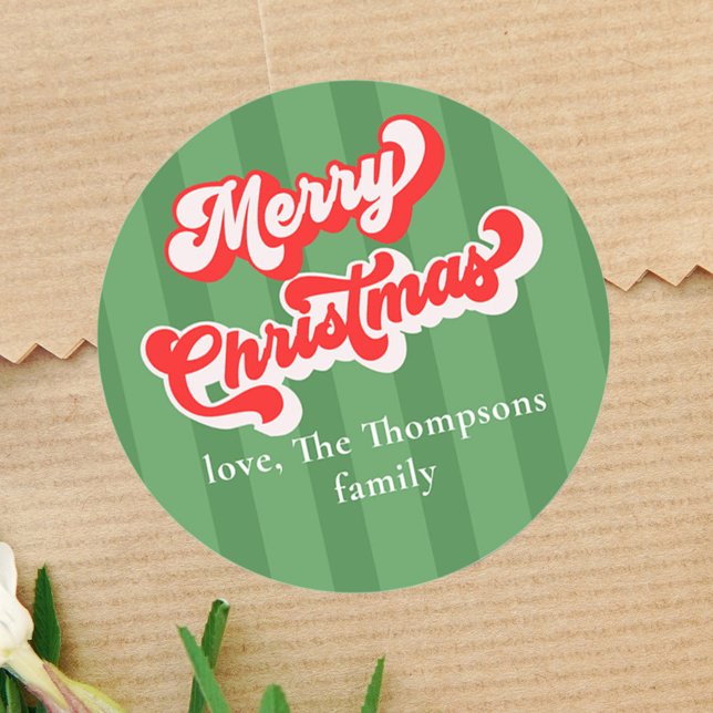 Merry Christmas Red Green Whimsical Typography Classic Round Sticker (Merry Christmas with Bold green stripes )