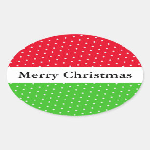 MERRY CHRISTMAS Red Green White Dots Stripes Oval Sticker
