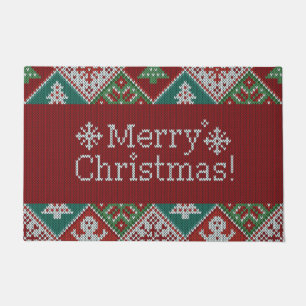 Merry Christmas Red Green White Faux Knit Pattern Doormat