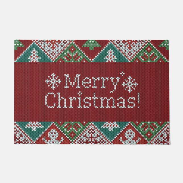 Merry Christmas Red Green White Faux Knit Pattern Doormat (Front)