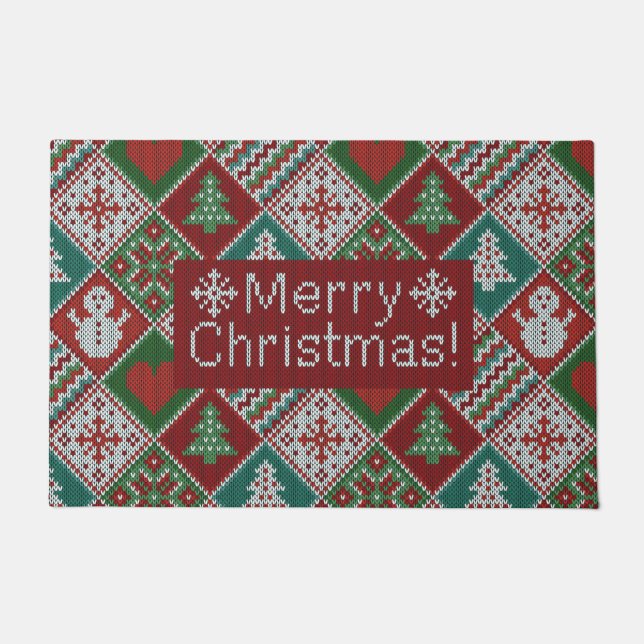 Merry Christmas Red Green White Faux Knit Pattern Doormat (Front)