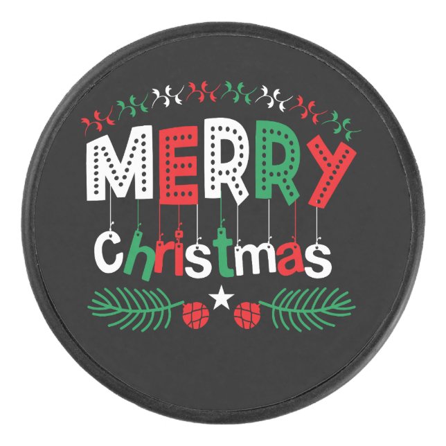 Merry Christmas Red Green White Hockey Puck (Front)
