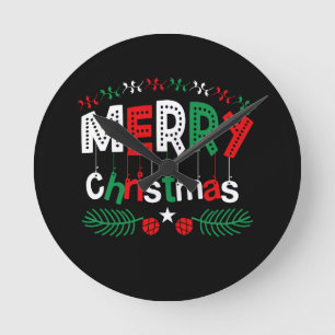 Merry Christmas Red Green White Round Clock