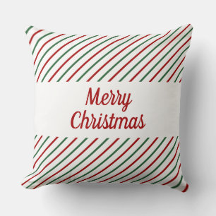 Merry Christmas Red Green White Striped  Cushion