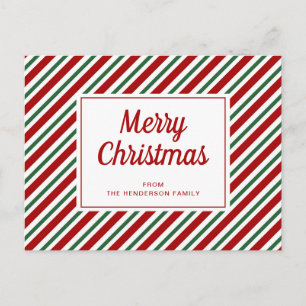 Merry Christmas Red Green White Striped Pattern Postcard