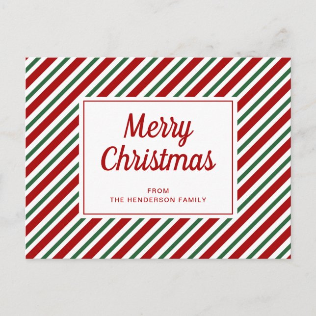 Merry Christmas Red Green White Striped Pattern Postcard (Front)