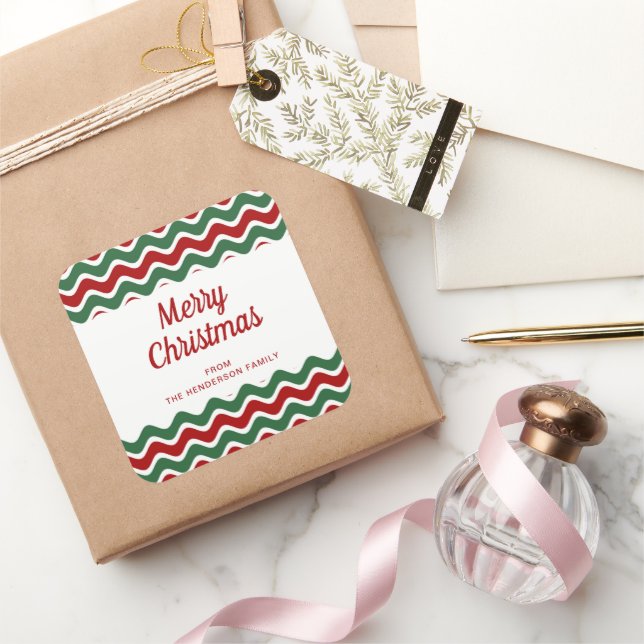 Merry Christmas Red Green White Striped Square Sticker (Gifting)