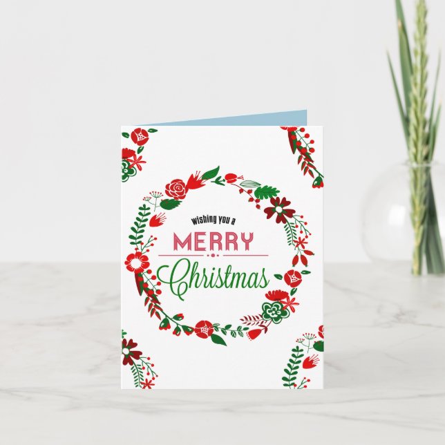 Merry Christmas Red & Green Wreath Holiday Card (Front)