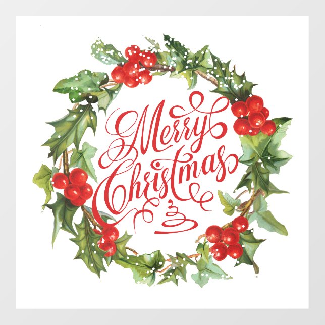 Merry Christmas Red Green Wreath Holly Ivy Window Cling (Sheet)