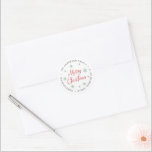 Merry Christmas Red Grey Snowflake Return Address Classic Round Sticker<br><div class="desc">Personalised Merry Christmas circular return address labels/stickers with Merry Christmas in beautiful handwritten red calligraphy with a white background and beautiful green snowflakes. Perfect for your holiday card or invitation envelope. Customise your name/family name and address.</div>
