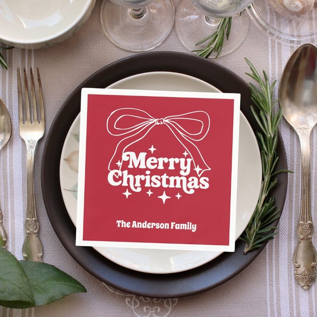 Merry Christmas red hand-drawn bow retro Napkin (Creator Uploaded)