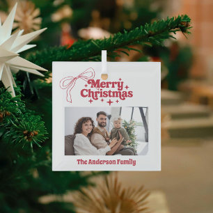 Merry Christmas red hand-drawn bow retro photo Glass Tree Decoration
