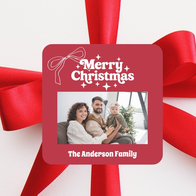 Merry Christmas red hand-drawn bow retro photo Square Sticker (Creator Uploaded)