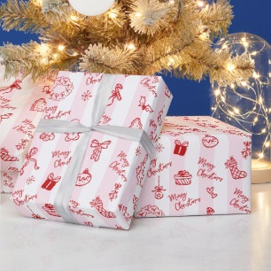 Merry Christmas Red Hand Drawn Doodle Pink Stripes Wrapping Paper