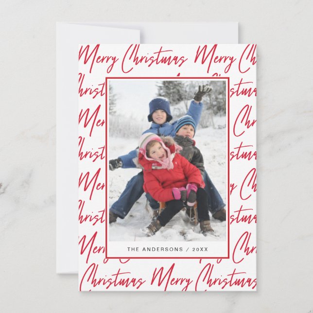 Merry Christmas Red Hand Lettered Script Photo Holiday Card (Front)