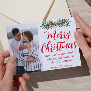 merry christmas red handwriting newlyweds photo  postcard