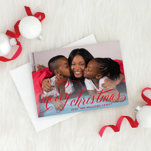 Merry Christmas Red Handwritten Script Photo Holiday Card