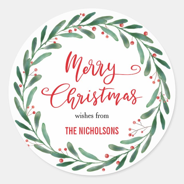 Merry Christmas Red Handwritten Script | Wreath Classic Round Sticker (Front)