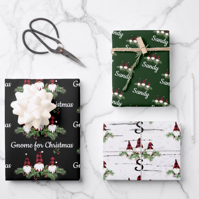 Merry  Christmas Red Hat Buffalo Plaid Gnomes Wrapping Paper Sheet (Front)
