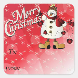 Merry Christmas Red Heart Snowman Square Sticker