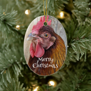 Merry Christmas Red Hen Chicken Holiday Ceramic Tree Decoration