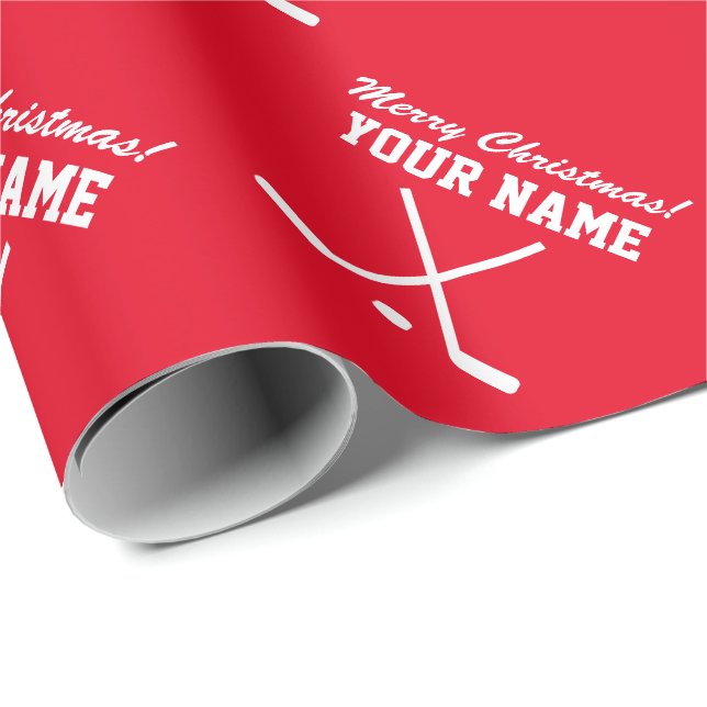 Merry Christmas red hockey player sports Wrapping Paper (Roll Corner)