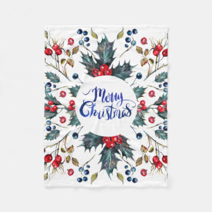 Merry Christmas- red holly berries Fleece Blanket