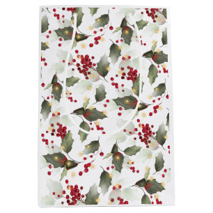 Merry Christmas Red Holly Berries Gold Lights Medium Gift Bag