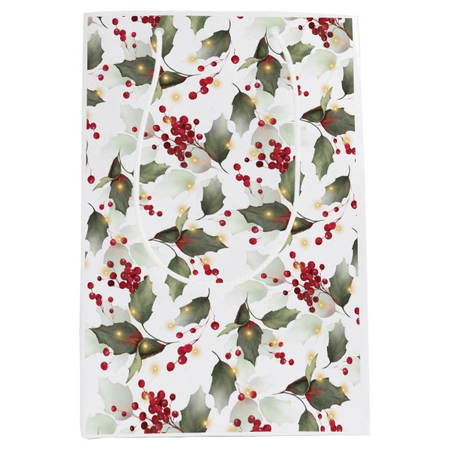 Merry Christmas Red Holly Berries Gold Lights  Medium Gift Bag (Front)