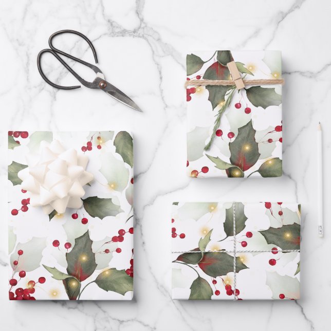 Merry Christmas Red Holly Berries Gold Lights  Wrapping Paper Sheet (Front)