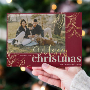 Merry Christmas Red Holly Berry Gold Custom Photo Foil Holiday Card