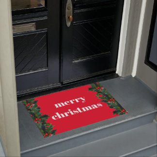 Merry Christmas Red Holly Border Welcome Mat