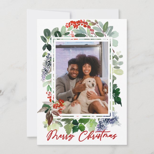 Merry Christmas Red Holly Framed Photo Holiday Car Card (Front)