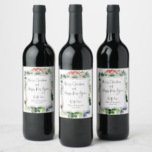 Merry Christmas Red Holly Modern Script  Wine Label