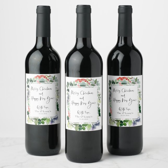 Merry Christmas Red Holly Modern Script  Wine Label (Bottles)