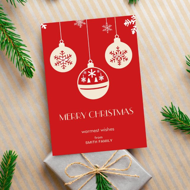 Merry Christmas red midcentury baubles simple Holiday Card (Red Christmas midcentury retro style greeting card simple minimalist corporate editable template )
