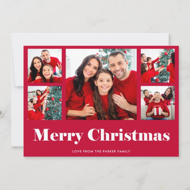 Merry Christmas | Red Modern Photo Grid Holiday Card (Front)