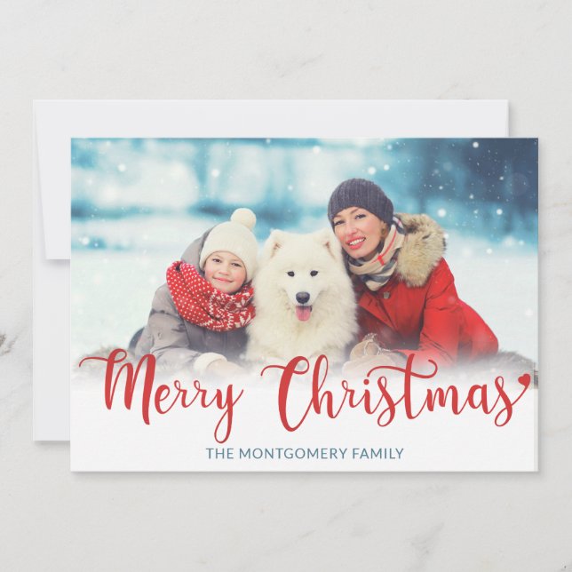 Merry Christmas Red Modern Script Photo Blue Holiday Card (Front)