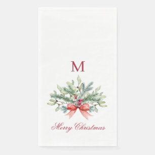 Merry Christmas Red Monogram Greenery Napkin