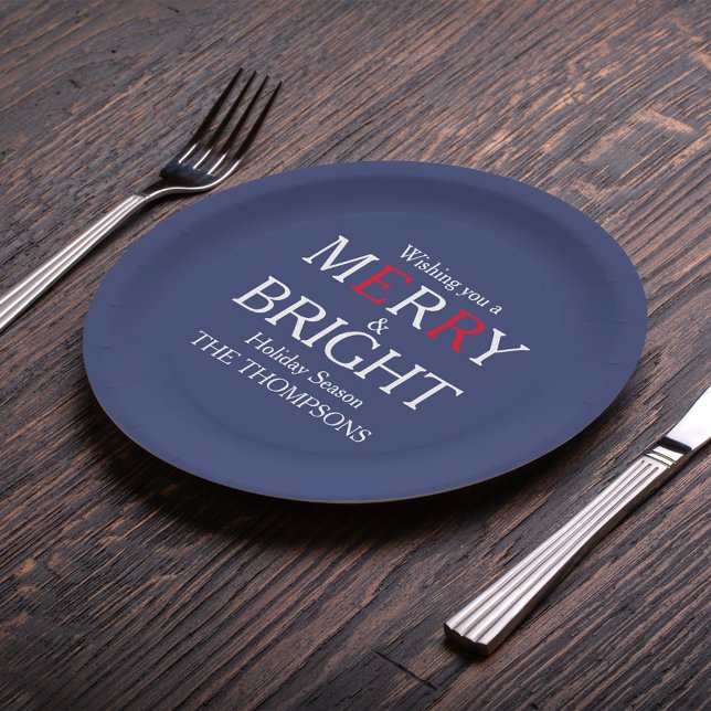 Merry Christmas Red Navy Blue Simple Minimalist  Paper Plate (Wishing you a Merry and Bright Holiday Season, customized with your name. )