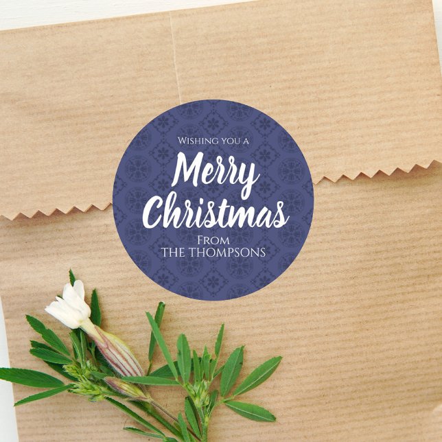 Merry Christmas Red Navy Blue Simple Snowflake Classic Round Sticker (Simple navy blue patterned gift label sticker with white calligraphy script. )