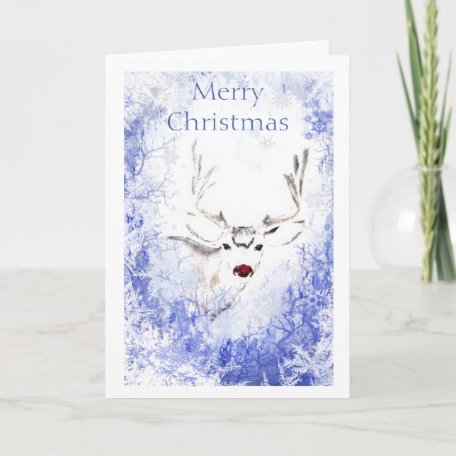 Merry Christmas Red-Nosed Reindeer Frosty Window Holiday Card (Front)