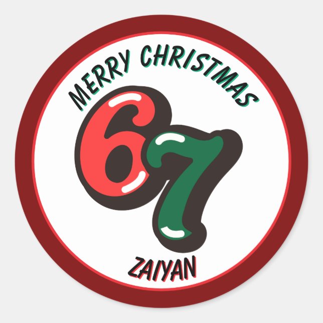 Merry Christmas Red Numbers 6 & 7 Custom Name Classic Round Sticker (Front)