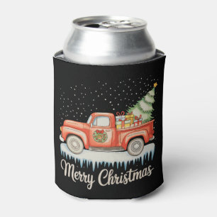 Merry Christmas Red Old Fashioned Truck Xmas Tree Can Cooler