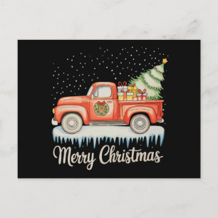 Merry Christmas Red Old Fashioned Truck Xmas Tree Holiday Postcard
