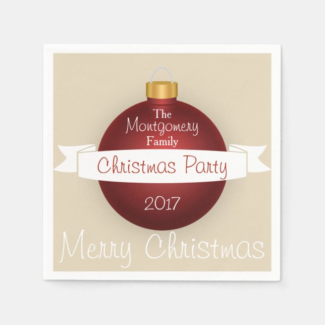 Merry Christmas Red Ornament Ribbon Family Name Napkin (Front)