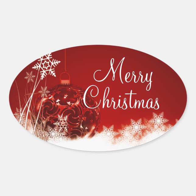 Merry Christmas Red Ornament Snowflake Oval Seal (Front)