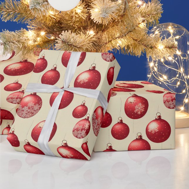 Merry Christmas Red Ornaments White Snowflakes Wrapping Paper (Holidays)